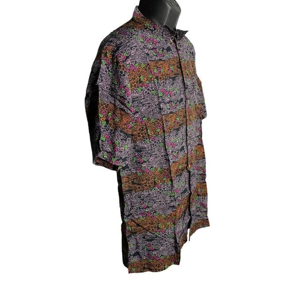 Vintage Button Up Polynesian Shirt L Black Floral Short Sleeve Collar Pocket - Picture 5 of 6